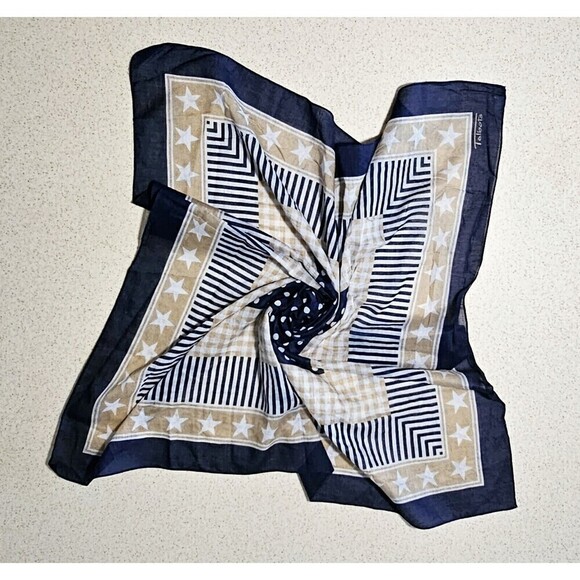 TALBOTS Vintage Lightweight Navy Blue Polka Dot Stripes & Stars Square Scarf 30" - Picture 5 of 6